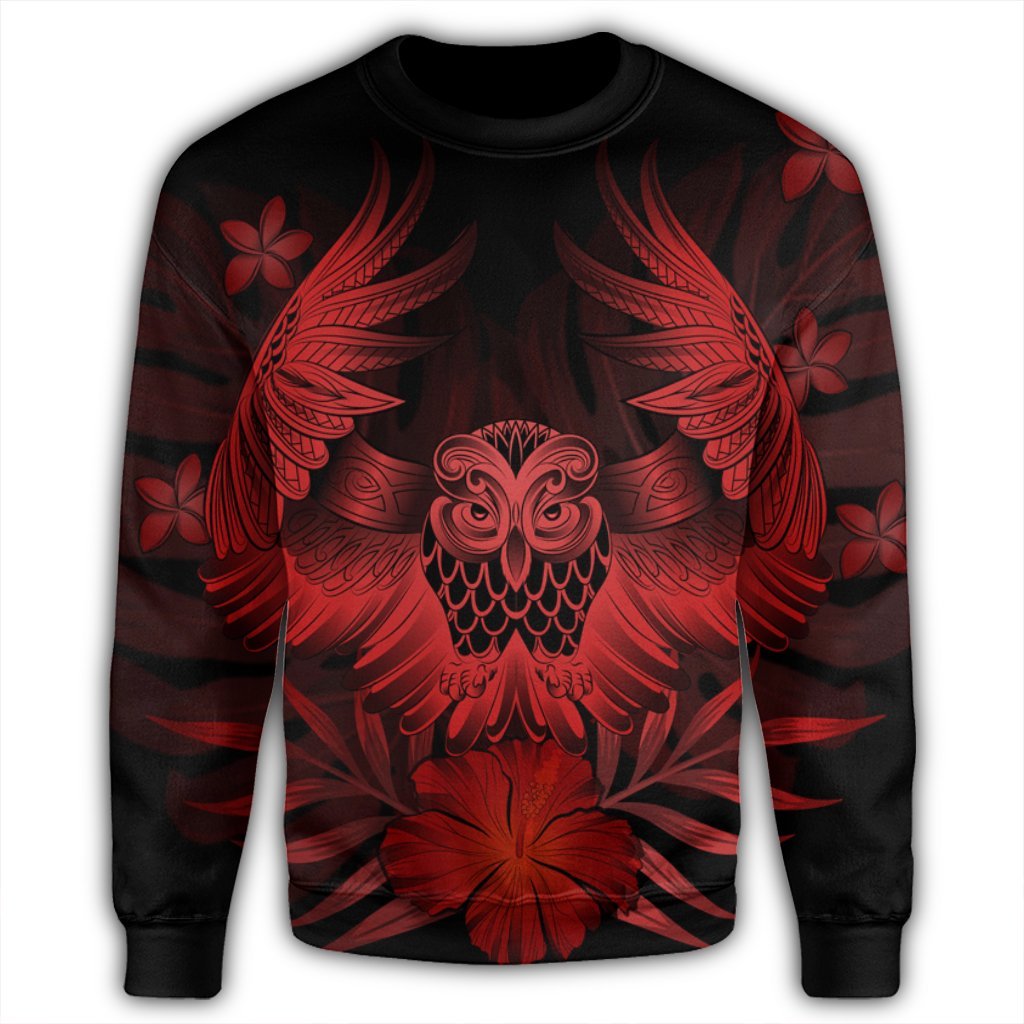 Hawaiian Owl Hibiscus Plumeria Polynesian Sweatshirt - Red - AH - Polynesian Pride