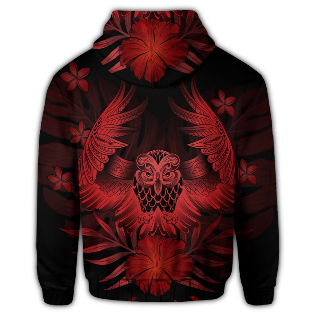 Hawaiian Owl Hibiscus Plumeria Polynesian Zip Hoodie Red - Polynesian Pride