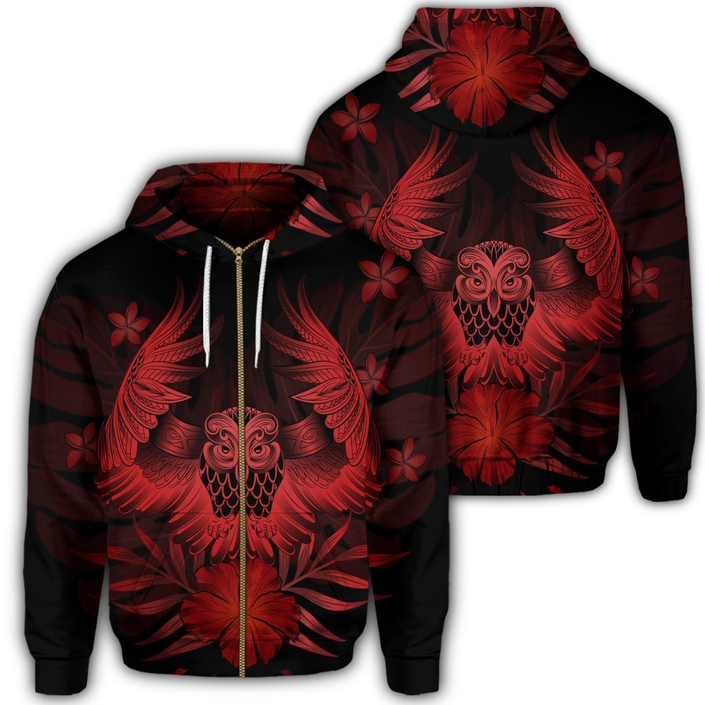 Hawaiian Owl Hibiscus Plumeria Polynesian Zip Hoodie Red Unisex Art - Polynesian Pride