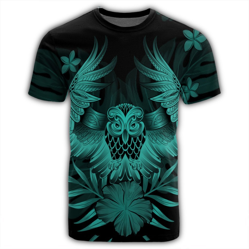 Hawaiian Owl Hibiscus Plumeria Polynesian T Shirt Turquoise AH - Polynesian Pride