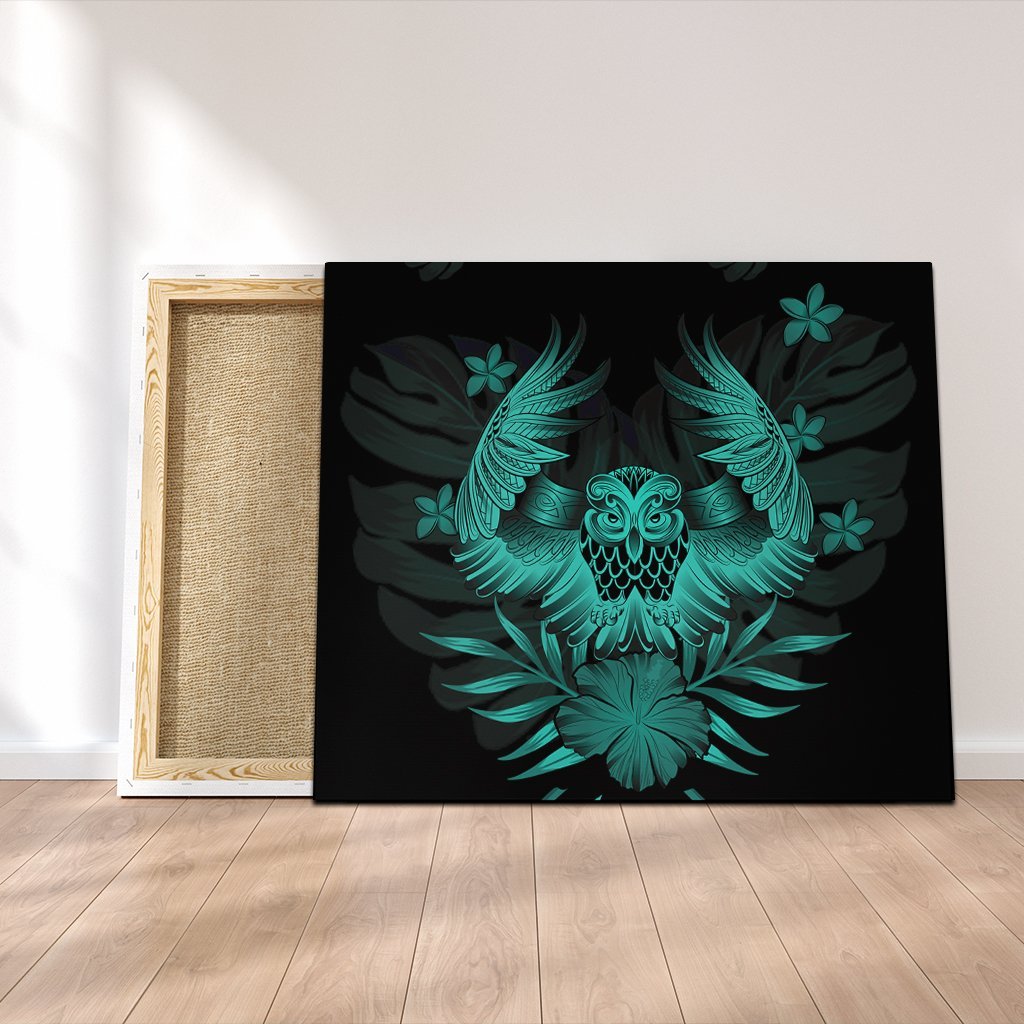 Hawaiian Owl Hibiscus Plumeria Polynesian Canvas - Turquoise - AH Canvas Poly-cotton - Polynesian Pride