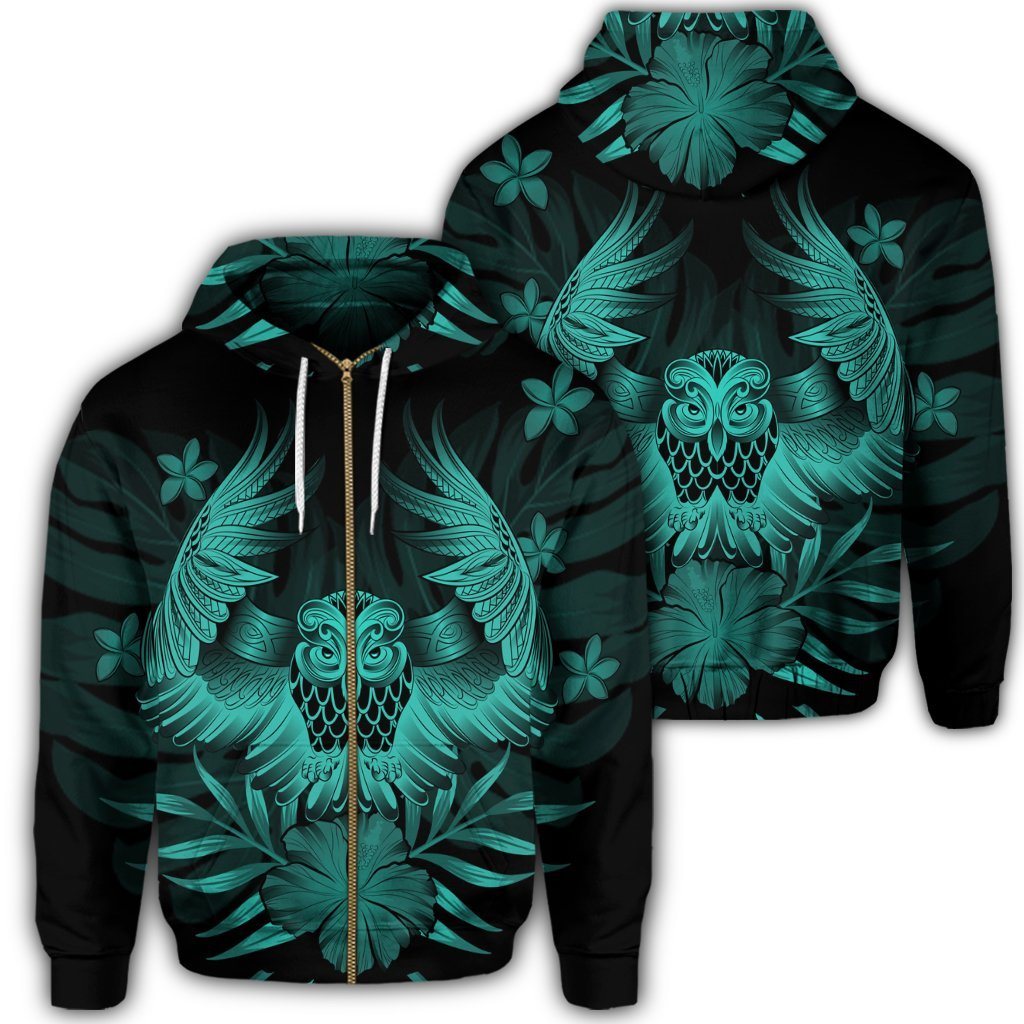 Hawaiian Owl Hibiscus Plumeria Polynesian Zip Hoodie Turquoise Unisex Art - Polynesian Pride