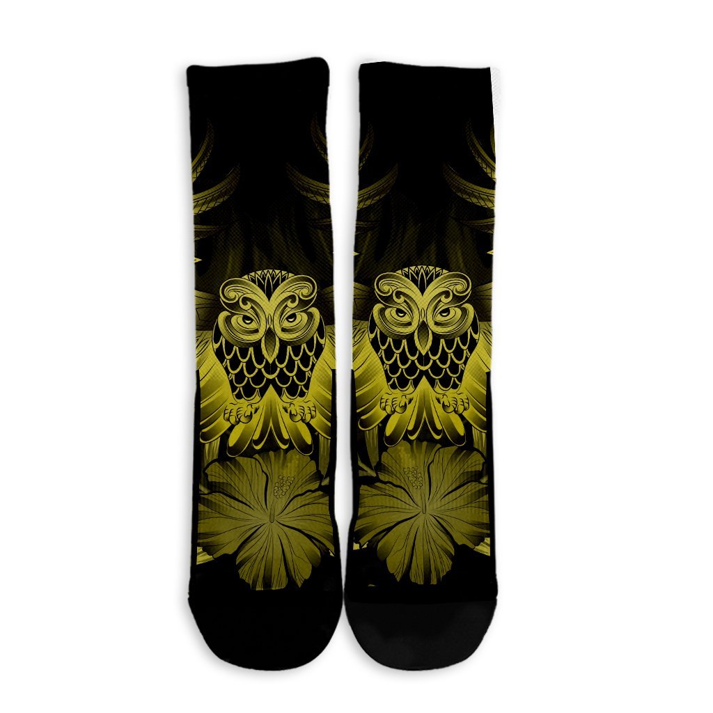 Hawaiian Owl Hibiscus Plumeria Polynesian Crew Socks - Yellow - AH - Polynesian Pride