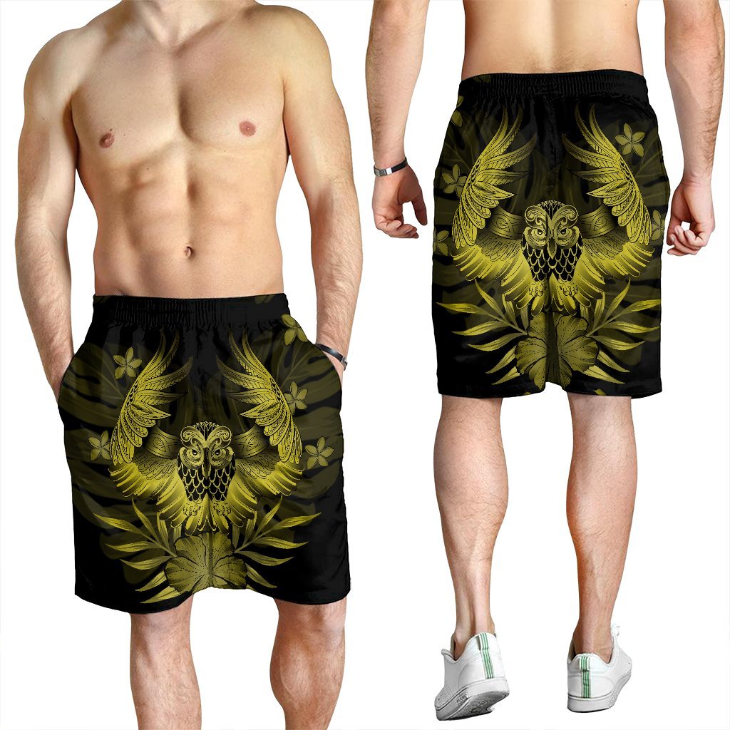 Hawaiian Owl Hibiscus Plumeria Polynesian Men's Shorts - Yellow - AH - Polynesian Pride