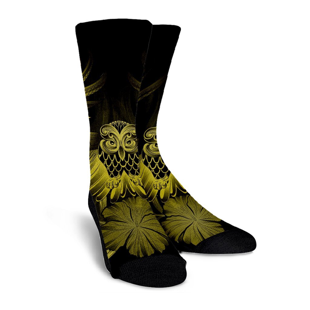 Hawaiian Owl Hibiscus Plumeria Polynesian Crew Socks - Yellow - AH - Polynesian Pride