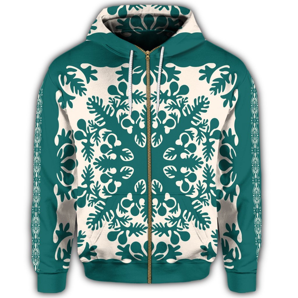 Hawaiian Palm Tree Quilt Tradition Turquoise Zip Hoodie - Polynesian Pride