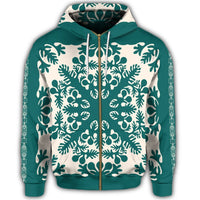 Hawaiian Palm Tree Quilt Tradition Turquoise Zip Hoodie - Polynesian Pride