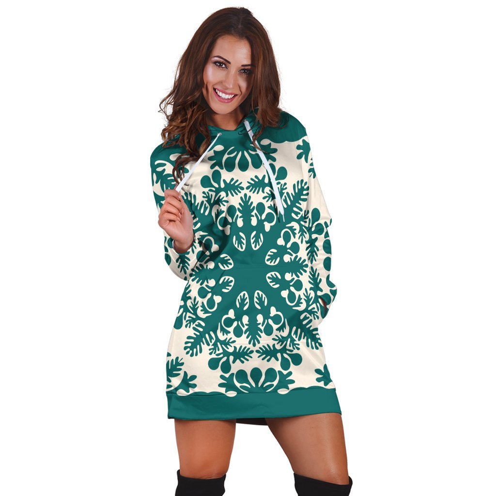 Hawaiian Palm Tree Quilt Tradition Turquoise Hoodie Dress - AH - Polynesian Pride