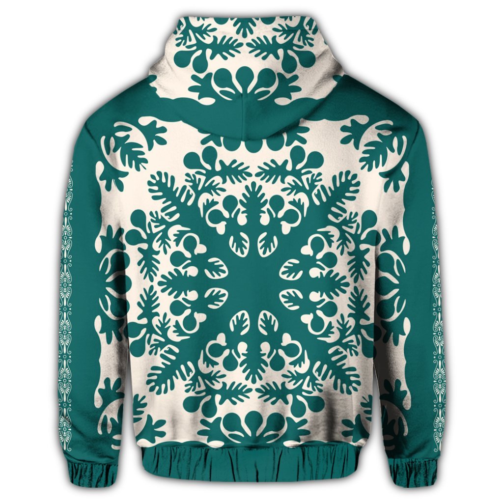 Hawaiian Palm Tree Quilt Tradition Turquoise Zip Hoodie - Polynesian Pride