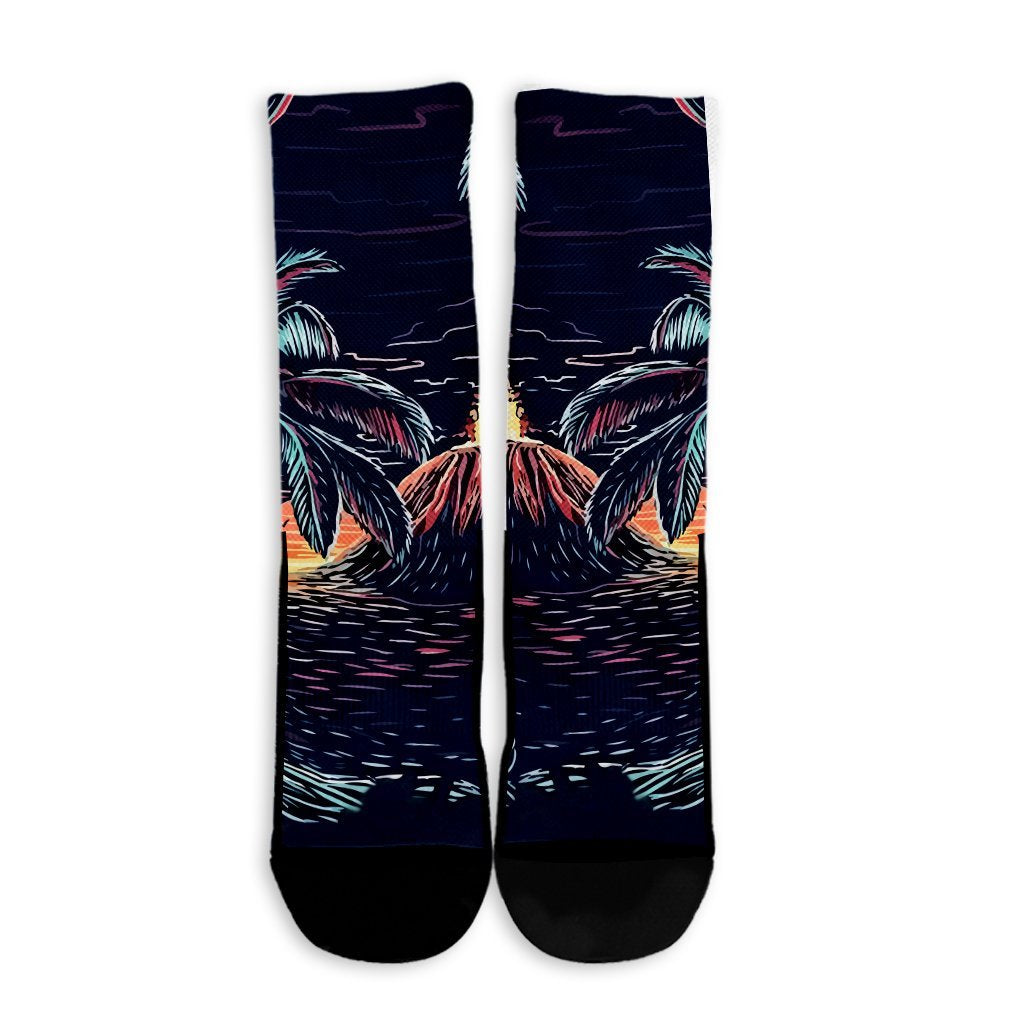 Hawaiian Palm Tree Volcano Night On The Land Crew Socks - AH - Polynesian Pride