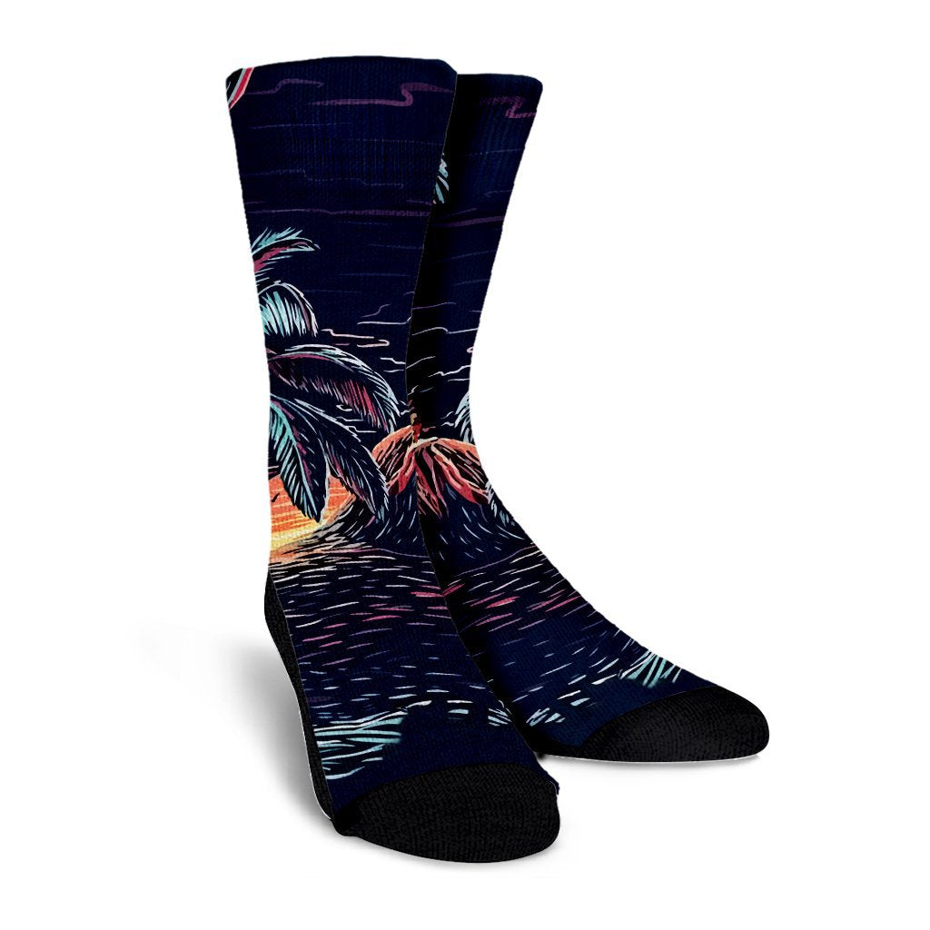 Hawaiian Palm Tree Volcano Night On The Land Crew Socks - AH - Polynesian Pride