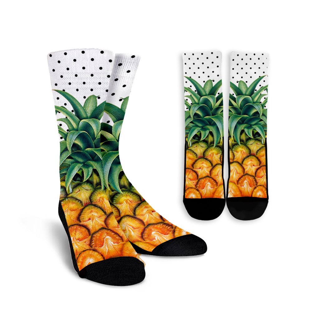 Hawaiian Pineapple Polka Dots Background Polynesian Crew Socks - AH Crew Socks White - Polynesian Pride