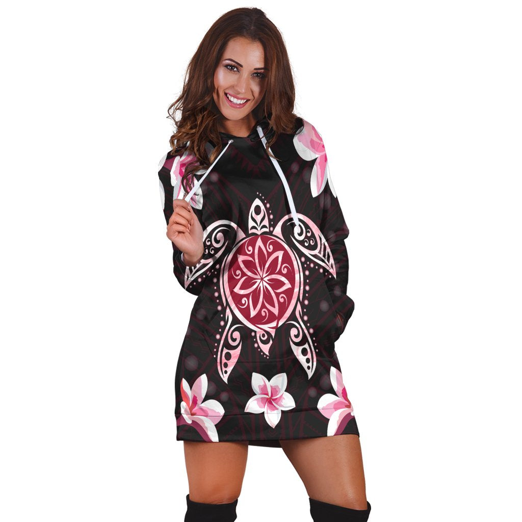 Hawaiian Pinky Turtle Plumeria Hoodie Dress AH - Polynesian Pride