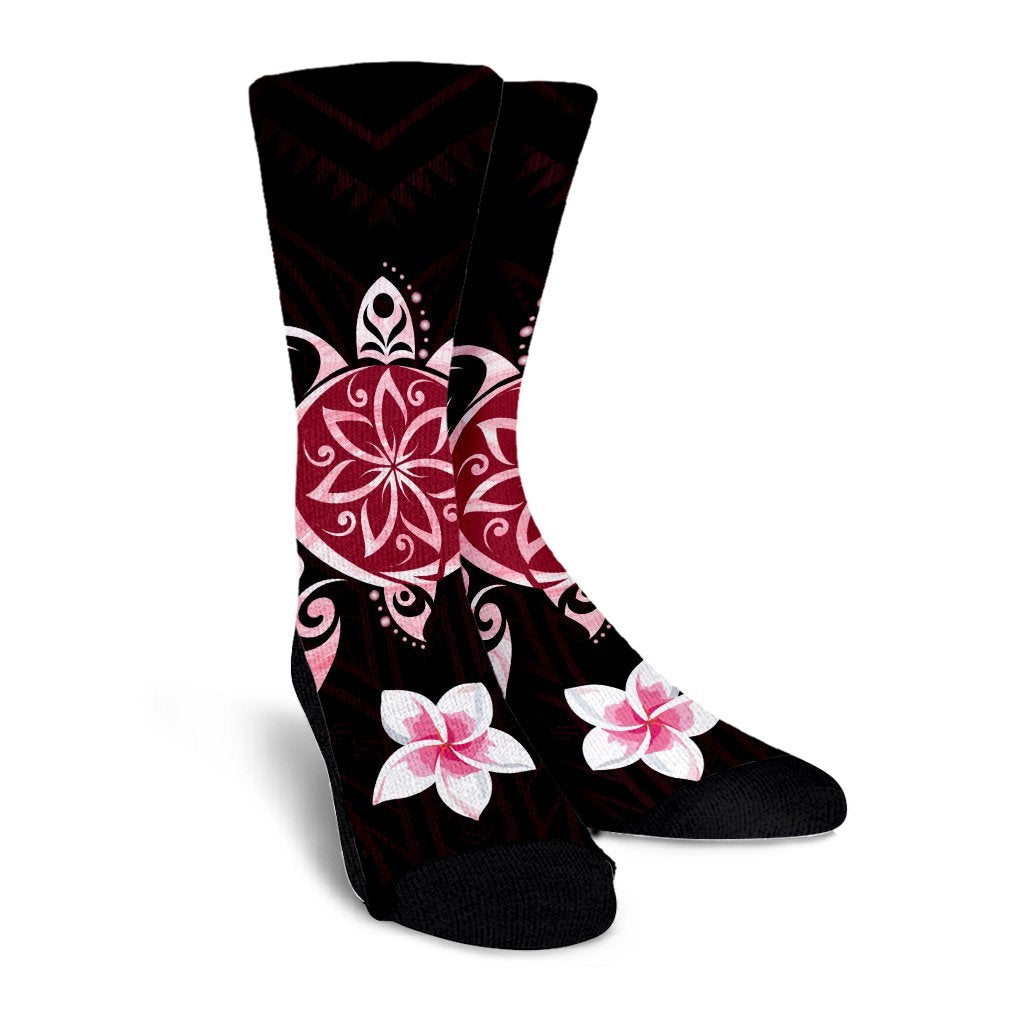 Hawaiian Pinky Turtle Plumeria Crew Socks AH - Polynesian Pride