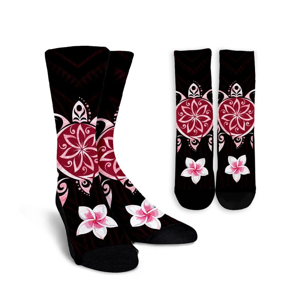 Hawaiian Pinky Turtle Plumeria Crew Socks AH Crew Socks White - Polynesian Pride