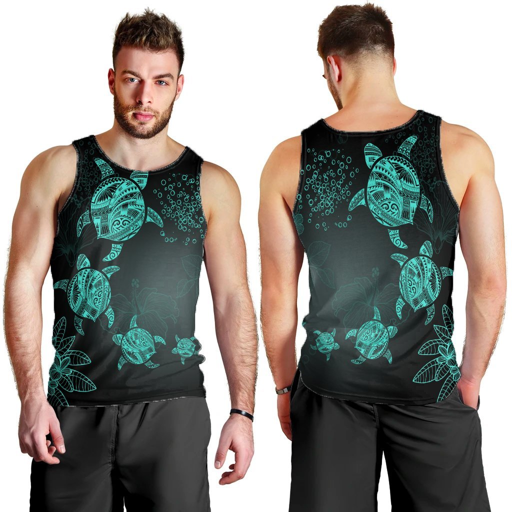 Hawaiian Plumeria Hibiscus Turtle Under Sea Polynesian Tank Top Blue AH - Polynesian Pride