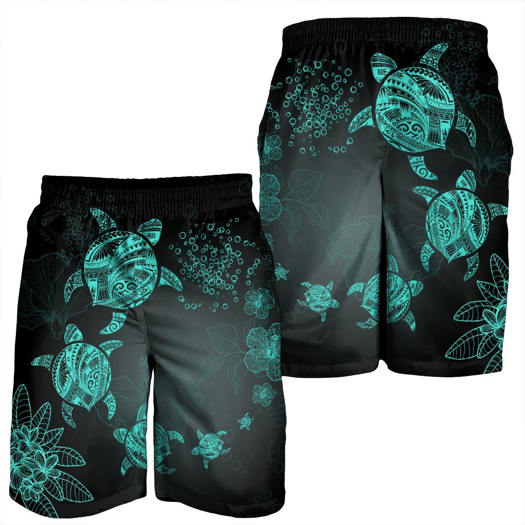 Hawaiian Plumeria Hibiscus Turtle Under Sea Polynesian Men's Shorts Blue AH - Polynesian Pride