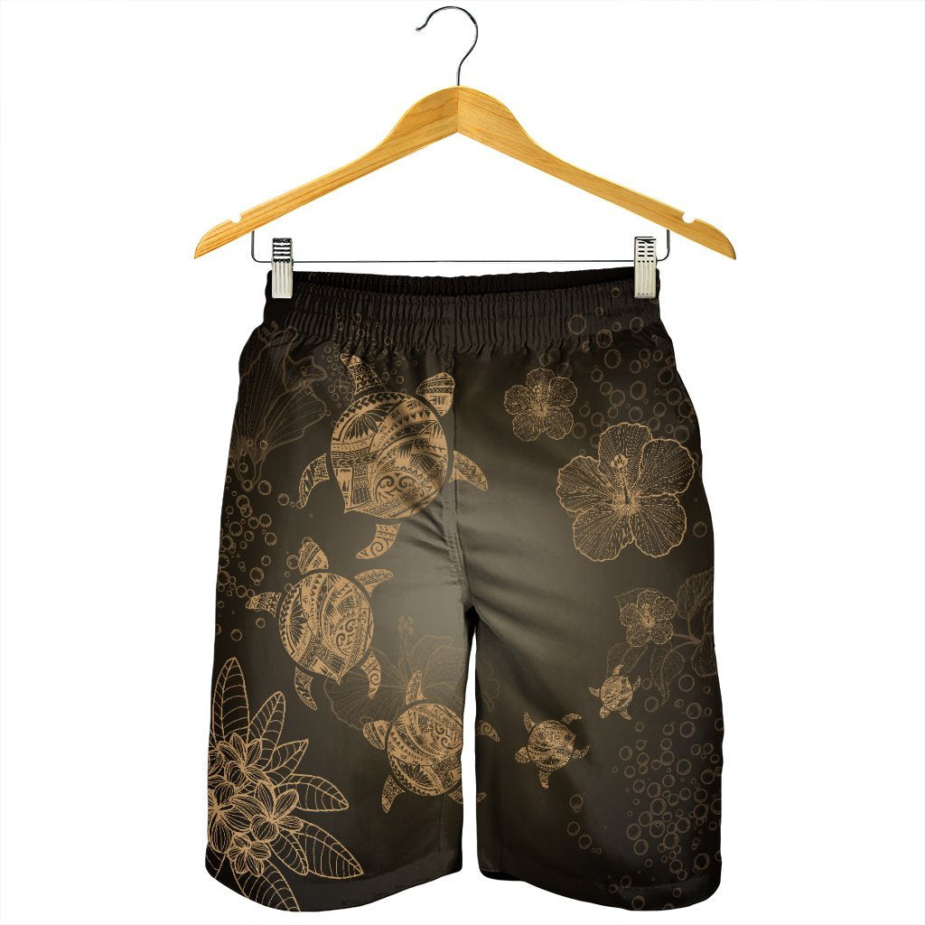 Hawaiian Plumeria Hibiscus Turtle Under Sea Polynesian Men's Shorts Gold AH - Polynesian Pride