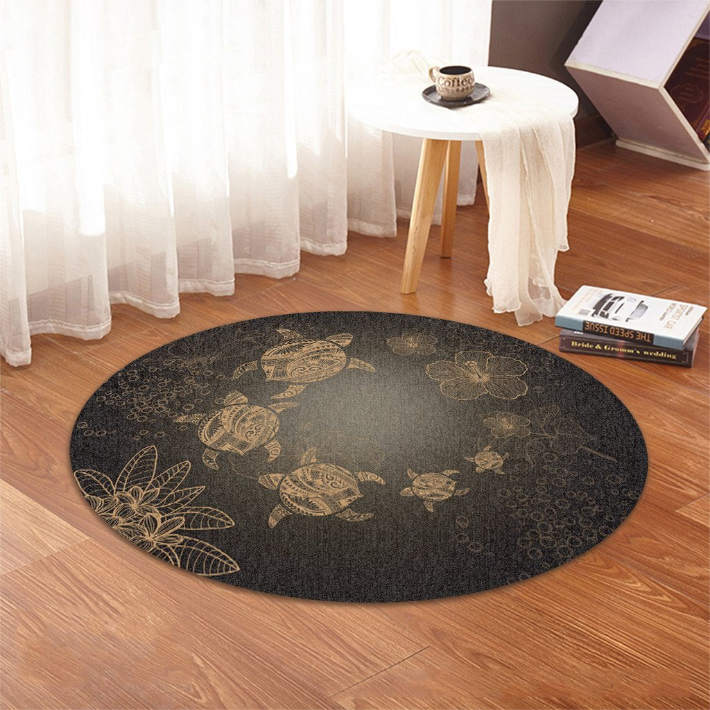 Hawaiian Plumeria Hibiscus Turtle Under Sea Polynesian Round Carpet Gold AH - Polynesian Pride