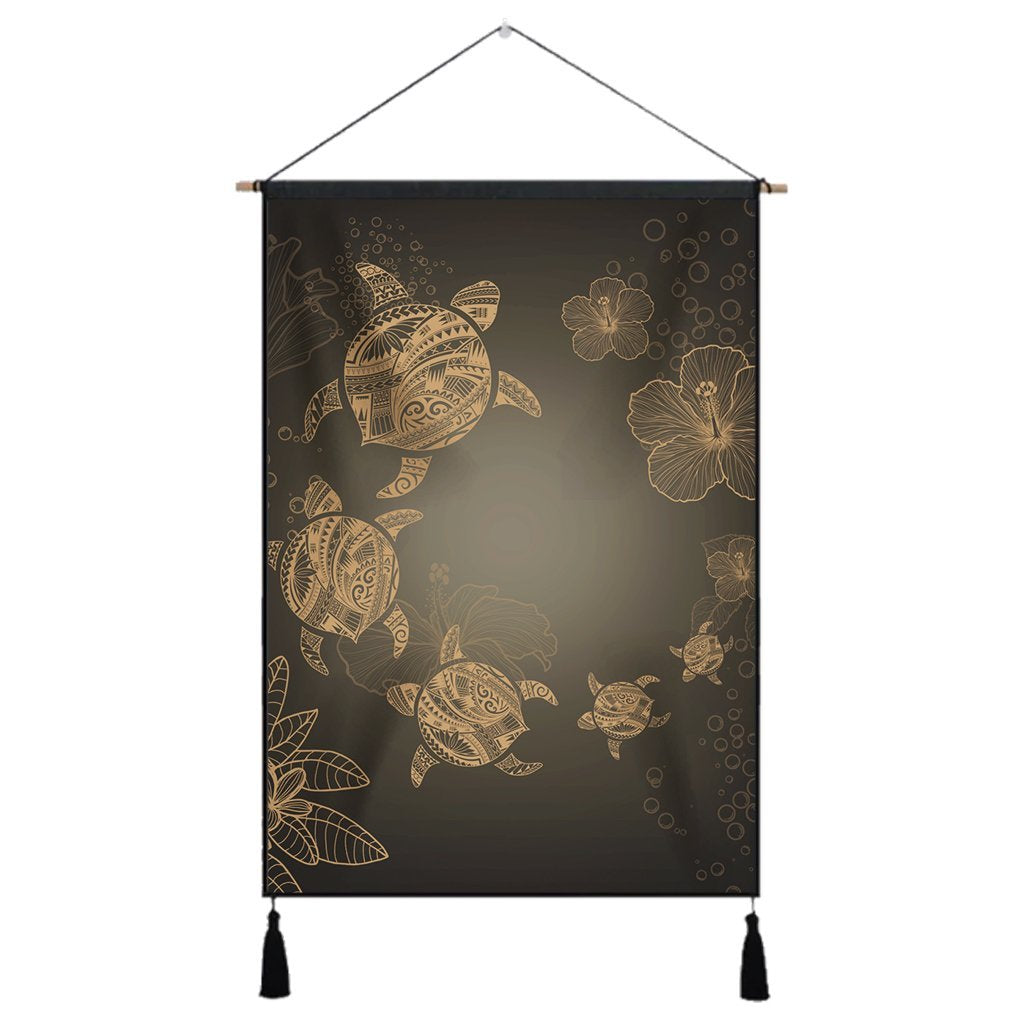 Hawaiian Plumeria Hibiscus Turtle Under Sea Polynesian Hanging Poster Gold AH Hanging Poster Cotton And Linen - Polynesian Pride