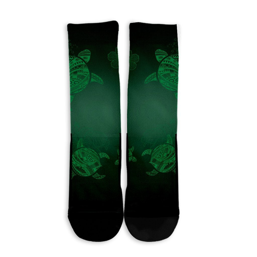 Hawaiian Plumeria Hibiscus Turtle Under Sea Polynesian Crew Socks Green AH - Polynesian Pride