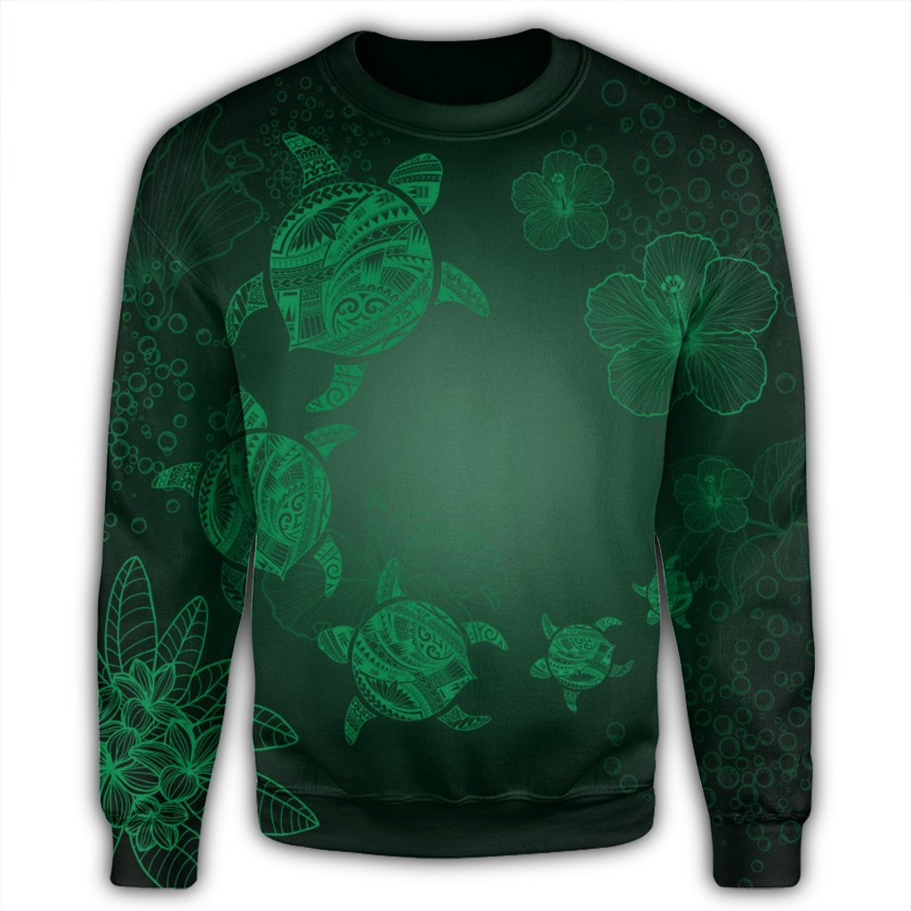 Hawaiian Plumeria Hibiscus Turtle Under Sea Polynesian Sweatshirt Green AH - Polynesian Pride