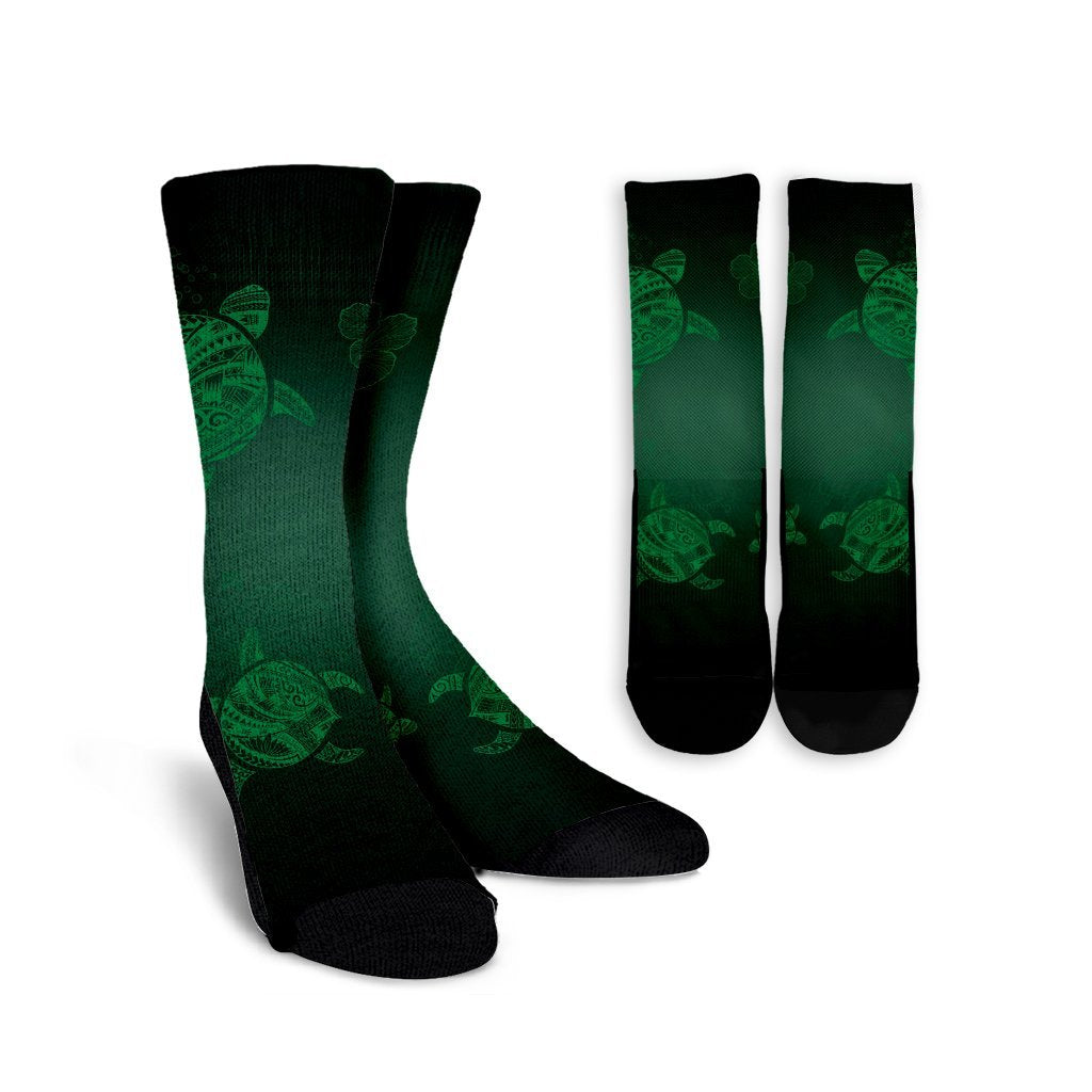 Hawaiian Plumeria Hibiscus Turtle Under Sea Polynesian Crew Socks Green AH Crew Socks White - Polynesian Pride
