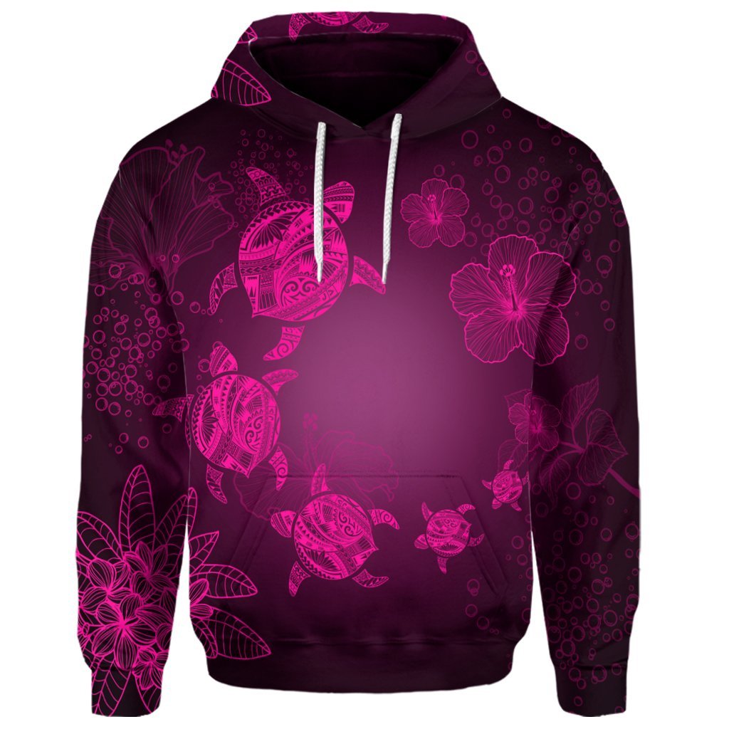 Custom Hawaiian Plumeria Hibiscus Turtle Under Sea Polynesian Hoodie Pink - Polynesian Pride