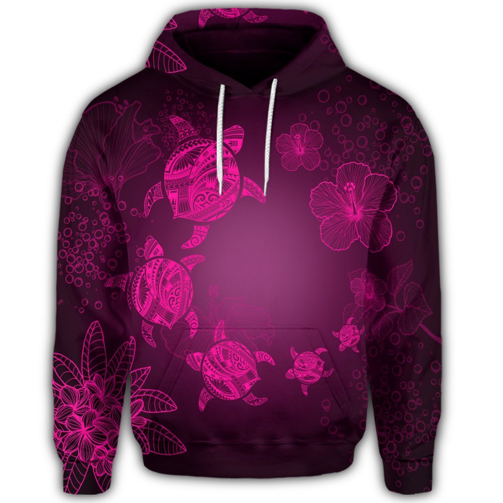 Hawaiian Plumeria Hibiscus Turtle Under Sea Polynesian Hoodie Pink - Polynesian Pride