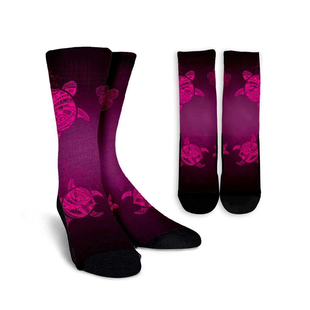 Hawaiian Plumeria Hibiscus Turtle Under Sea Polynesian Crew Socks Pink AH Crew Socks White - Polynesian Pride