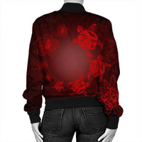 Hawaiian Plumeria Hibiscus Turtle Under Sea Polynesian Bomber Jacket Red AH - Polynesian Pride