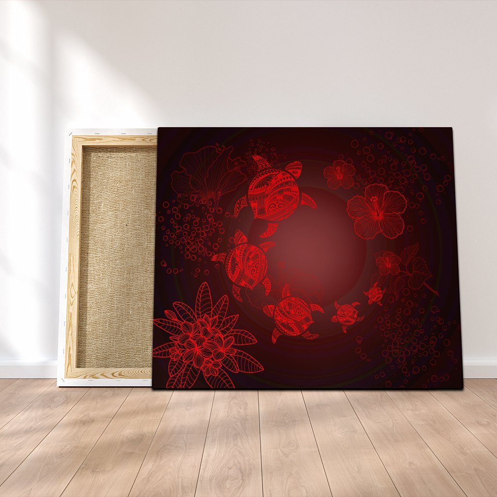 Hawaiian Plumeria Hibiscus Turtle Under Sea Polynesian Canvas Red AH Canvas Poly-cotton - Polynesian Pride
