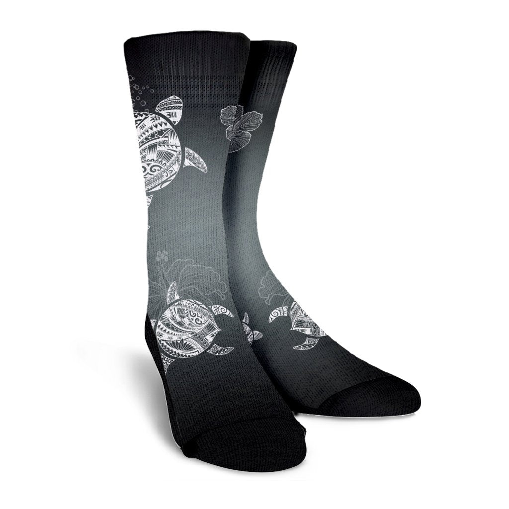 Hawaiian Plumeria Hibiscus Turtle Under Sea Polynesian Crew Socks White AH - Polynesian Pride