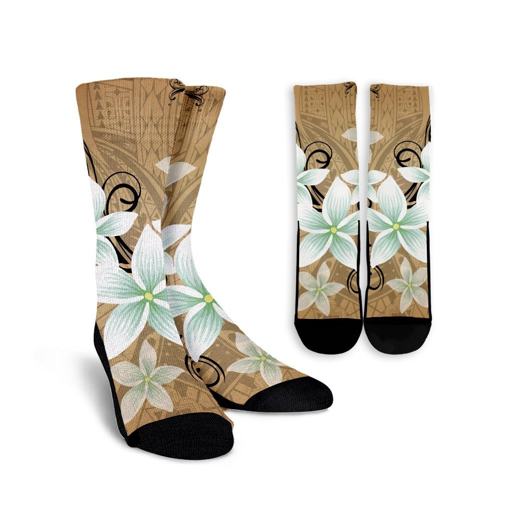 Hawaiian Plumeria Polynesian Crew Socks - Gold - AH Crew Socks White - Polynesian Pride