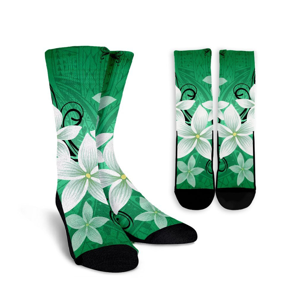 Hawaiian Plumeria Polynesian Crew Socks - Green - AH Crew Socks White - Polynesian Pride