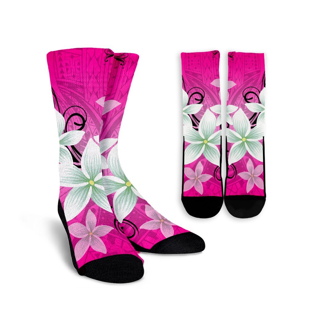 Hawaiian Plumeria Polynesian Crew Socks - Pink - AH Crew Socks White - Polynesian Pride