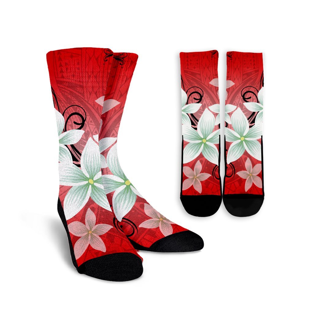 Hawaiian Plumeria Polynesian Crew Socks - Red - AH Crew Socks White - Polynesian Pride