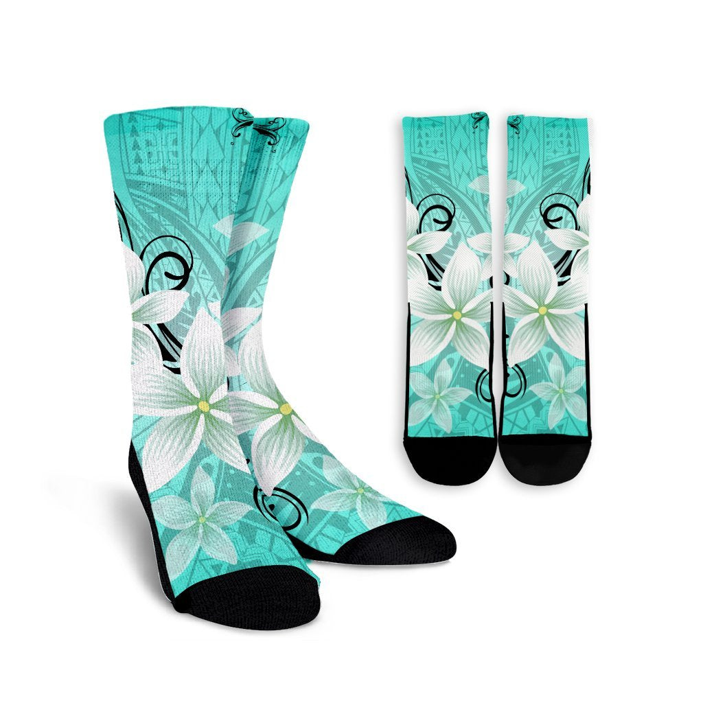Hawaiian Plumeria Polynesian Crew Socks - Turquoise - AH Crew Socks White - Polynesian Pride