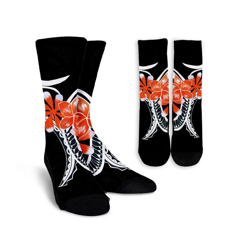 Hawaiian Plumeria Polynesian Orange Crew Socks - AH Crew Socks White - Polynesian Pride