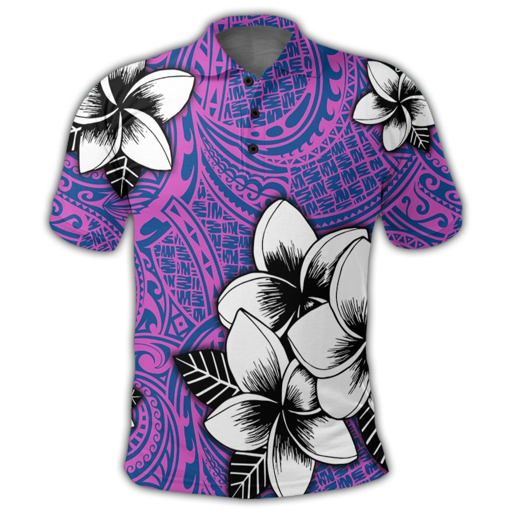 Hawaiian Plumeria Tribal Pink Polynesian Polo Shirt Blue - Polynesian Pride