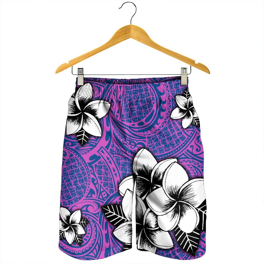 Hawaiian Plumeria Tribal Pink Polynesian Men's Shorts Blue AH - Polynesian Pride