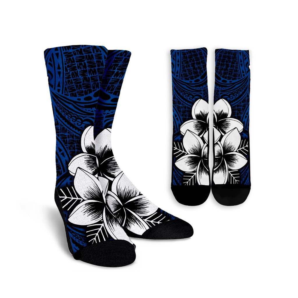 Hawaiian Plumeria Tribal Polynesian Crew Socks Blue AH Crew Socks White - Polynesian Pride