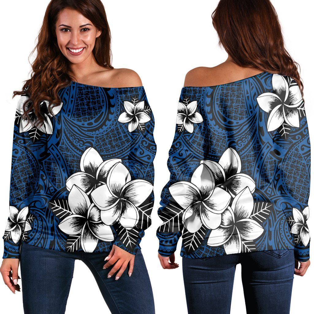 Hawaiian Plumeria Tribal Polynesian Women's Off Shoulder Sweater Blue AH Blue - Polynesian Pride