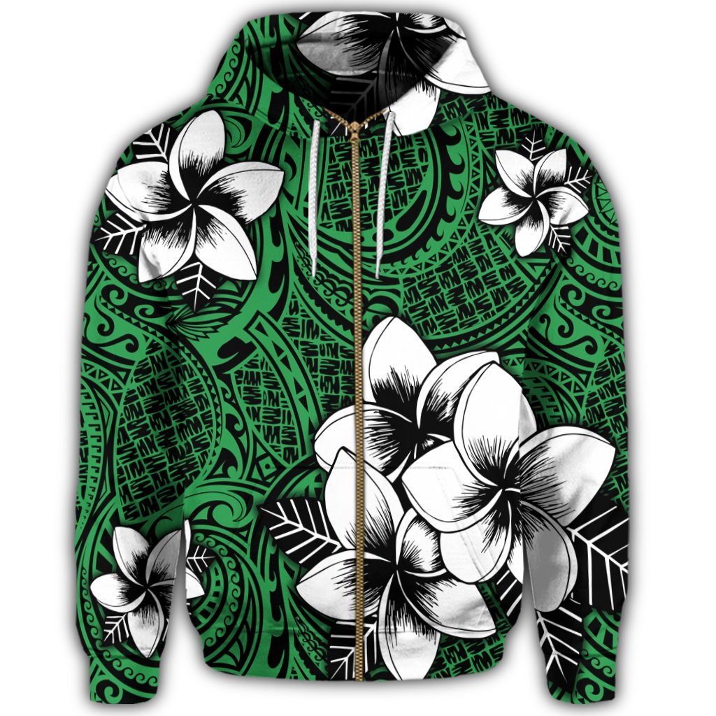 Hawaiian Plumeria Tribal Polynesian Zip Hoodie Green - Polynesian Pride