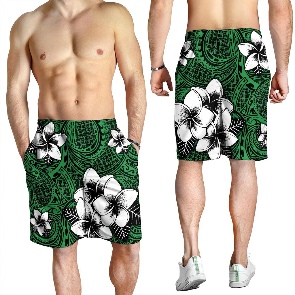 Hawaiian Plumeria Tribal Polynesian Men's Shorts Green AH - Polynesian Pride