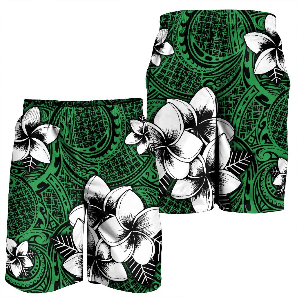 Hawaiian Plumeria Tribal Polynesian Men's Shorts Green AH - Polynesian Pride