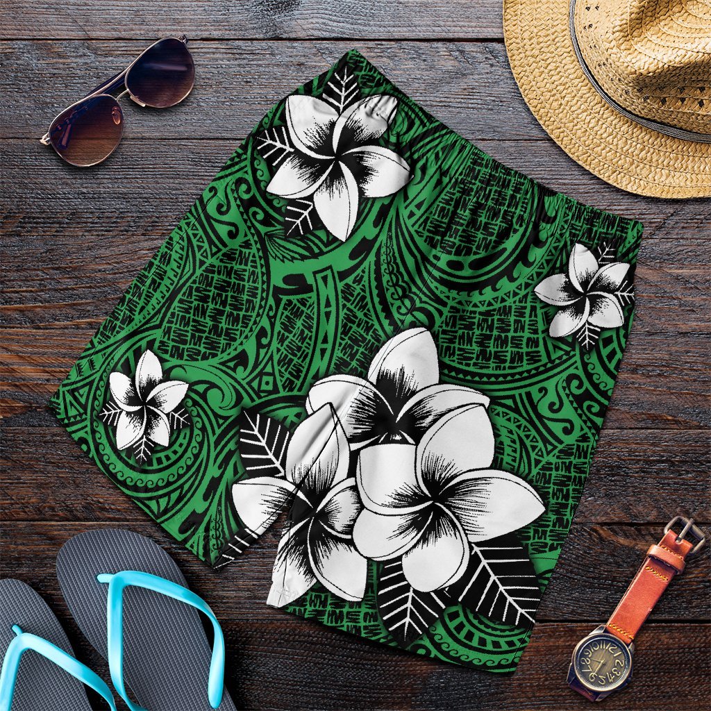 Hawaiian Plumeria Tribal Polynesian Men's Shorts Green AH Art - Polynesian Pride