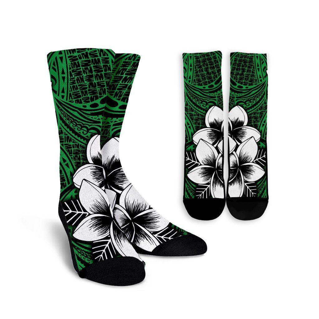 Hawaiian Plumeria Tribal Polynesian Crew Socks Green AH Crew Socks White - Polynesian Pride
