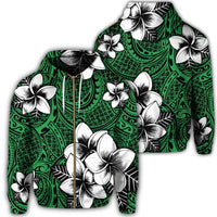 Hawaiian Plumeria Tribal Polynesian Zip Hoodie Green Unisex Art - Polynesian Pride