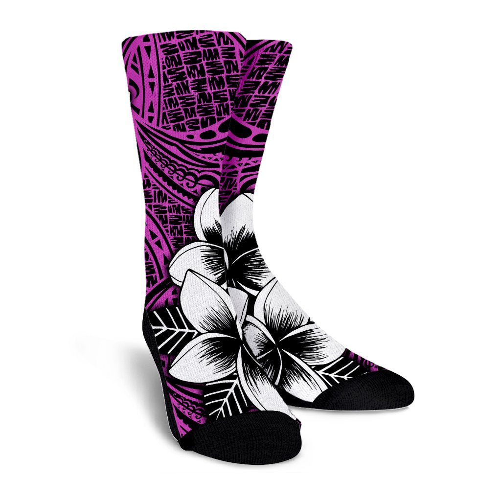 Hawaiian Plumeria Tribal Polynesian Crew Socks Pink AH - Polynesian Pride